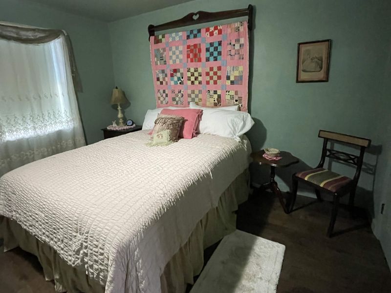 A dimly lit bedroom with sage-green walls, where a bed with a white fringed quilt and a ruffled skirt sits under a dark wooden headboard draped with a pink-bordered patchwork quilt. A nightstand and lamp stand beside a lace-curtained window on the left.